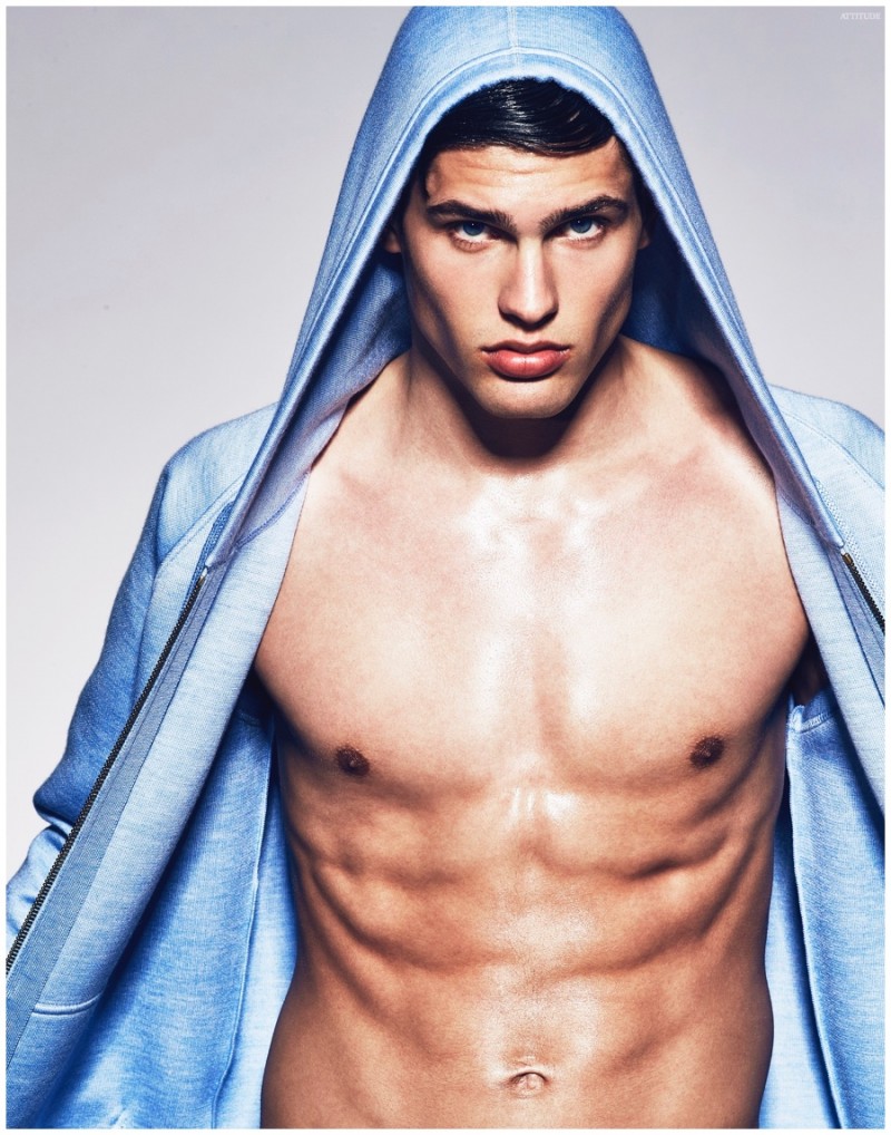 Miroslav shows off his six-pack in a Marc Jacobs hooded jacket.
