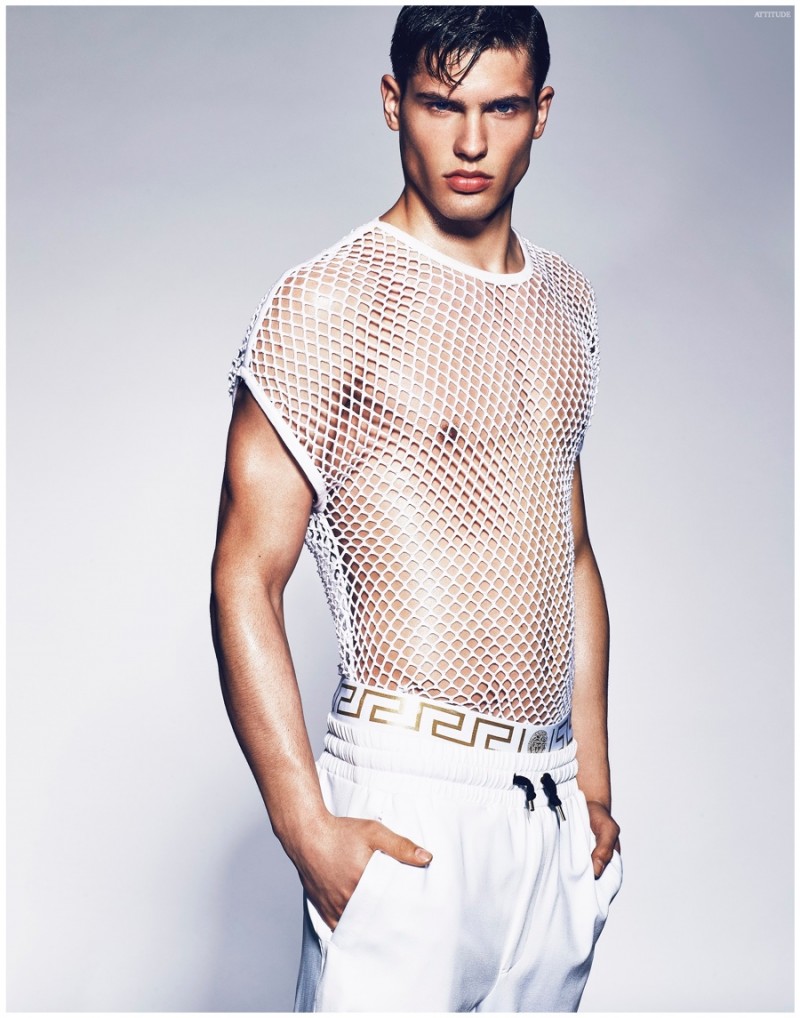 A face of Versace, Miroslav is picture-perfect in a white summer look from the Italian label.