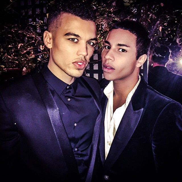 Olivier Rousteing poses for a photo with model Dudley O'Shaughnessy.