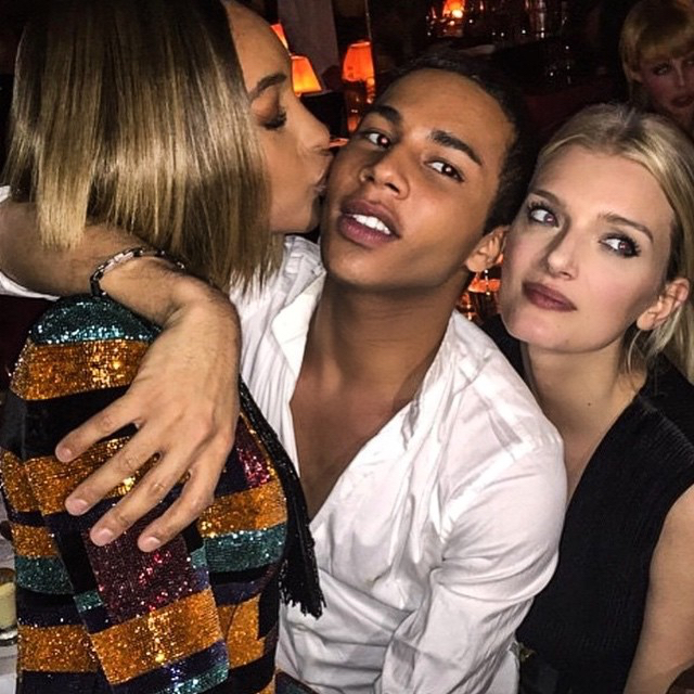 Olivier Rousteing is stuck in a model sandwich, posing with Jourdan Dunn and Lily Donaldson.
