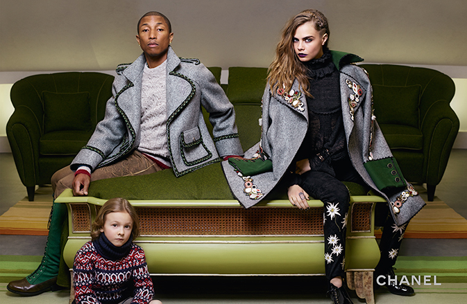 Pharrell and Cara Delevingne coordinate for an image with Hudson Kroenig.