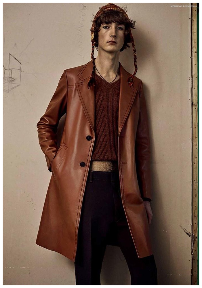 Cosme gets a makeshift cropped cable-knit sweater to go with his brown Prada leather coat.