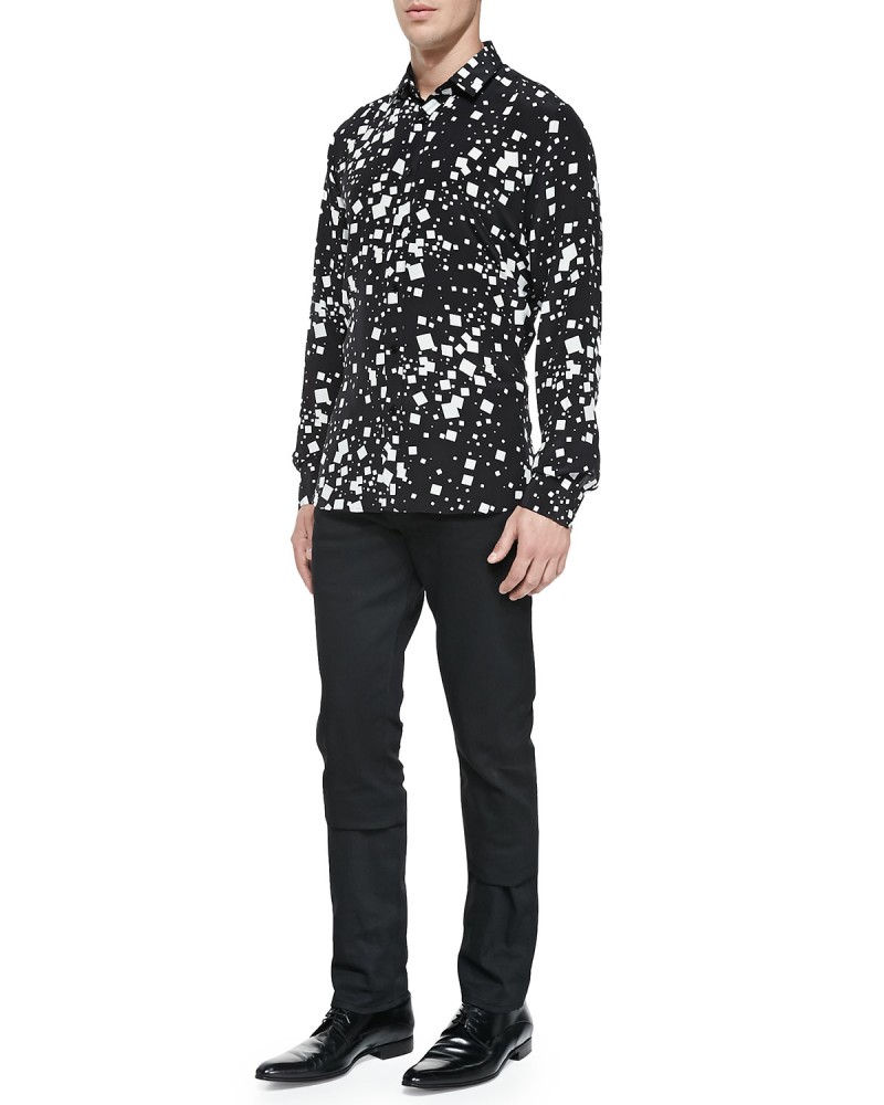 Saint Laurent Silk Square Print Black & White Long-Sleeve Shirt