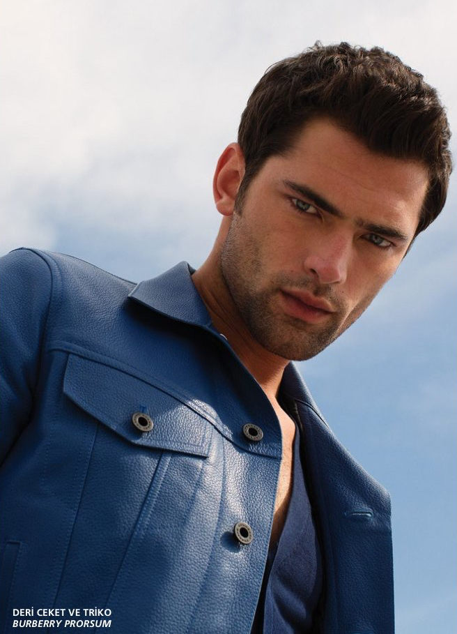 Sean O'Pry delivers a piercing gaze in a blue leather jacket from Burberry Prorsum.