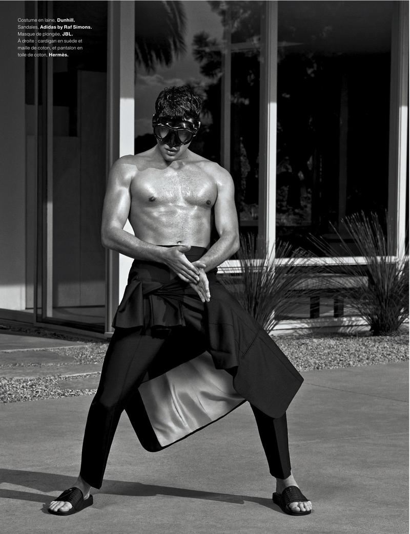 Sean O'Pry prepares for a swim in modern tailoring.
