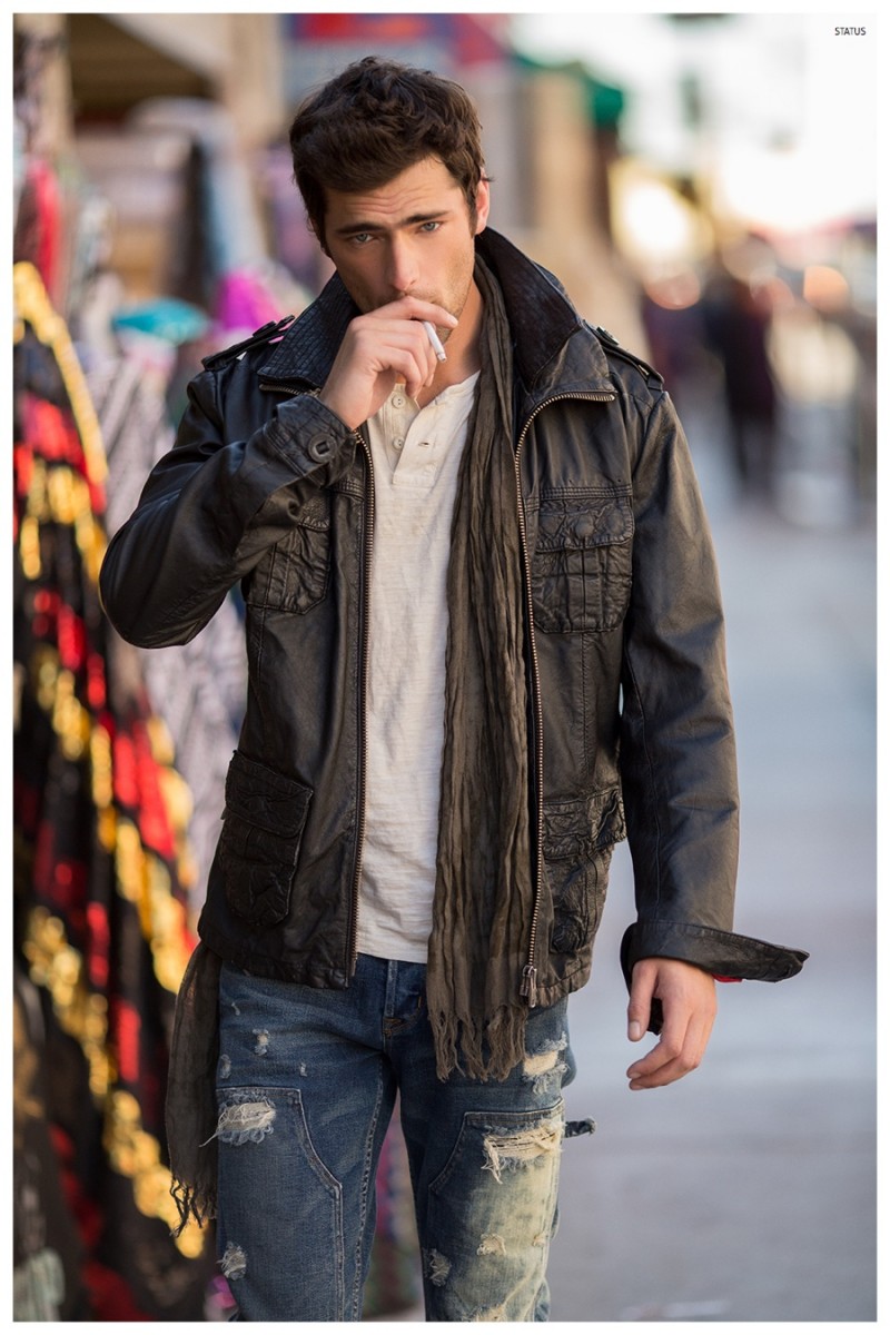 Sean heads outdoors in an essential leather jacket.