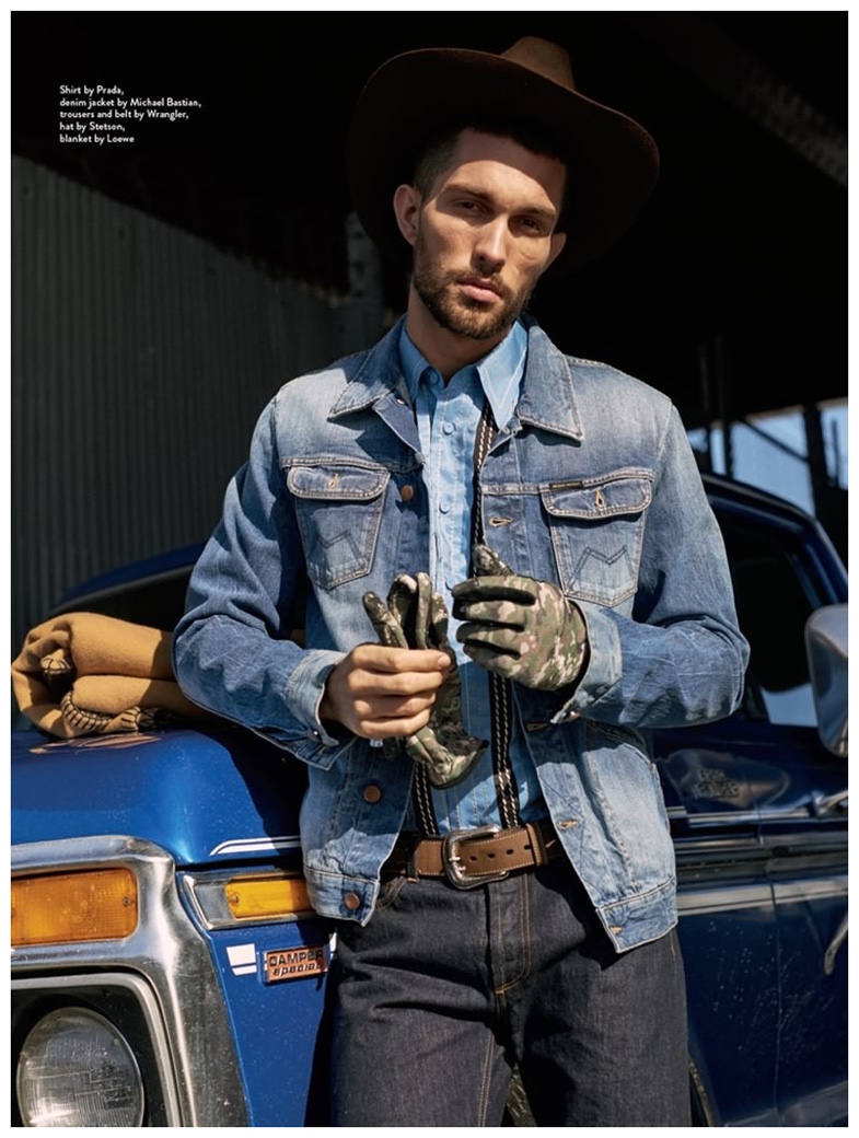 Wearing denim essentials from Prada, Michael Bastian and Wrangler, Tobias Sorensen layers the blue classic for a western style overhaul.