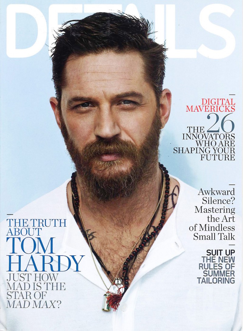 Tom Hardy sports white henley for the May 2015 cover of Details magazine.