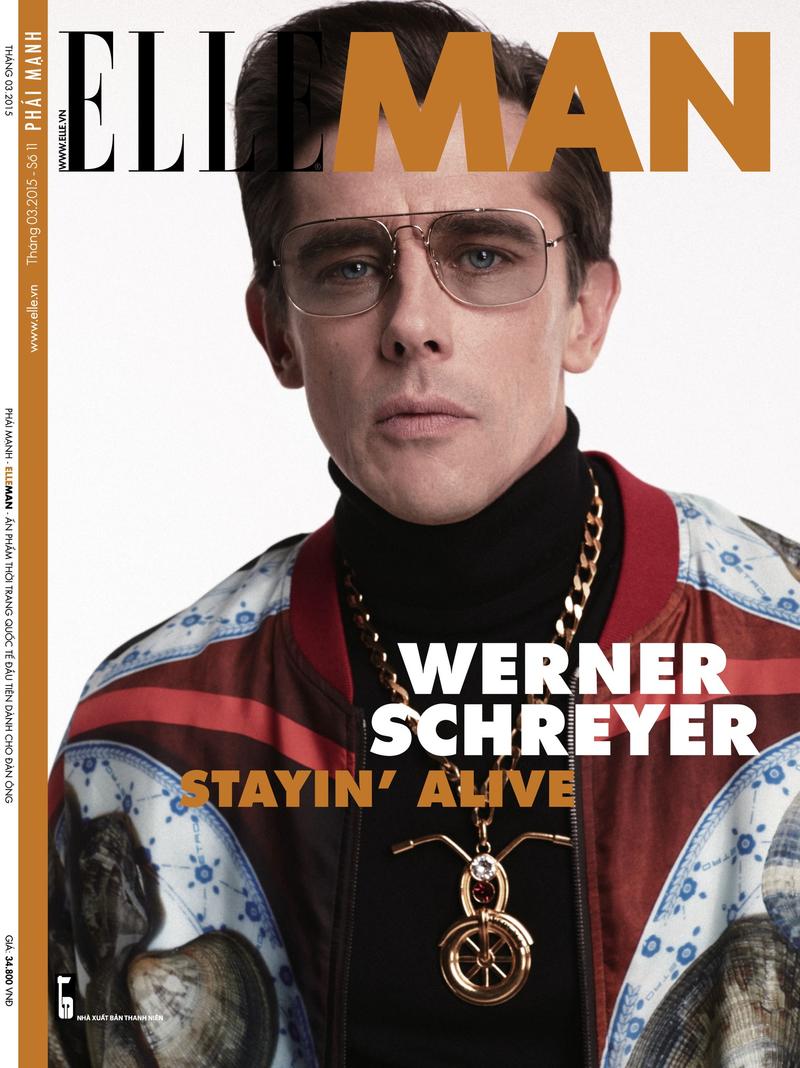 Top model Werner Schreyer channels the 1970s for two covers from Elle Man Vietnam's April 2015 issue.