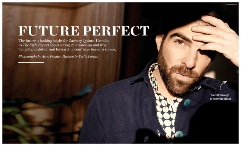 Zachary Quinto wears shirt and jacket Blue Blue Japan.