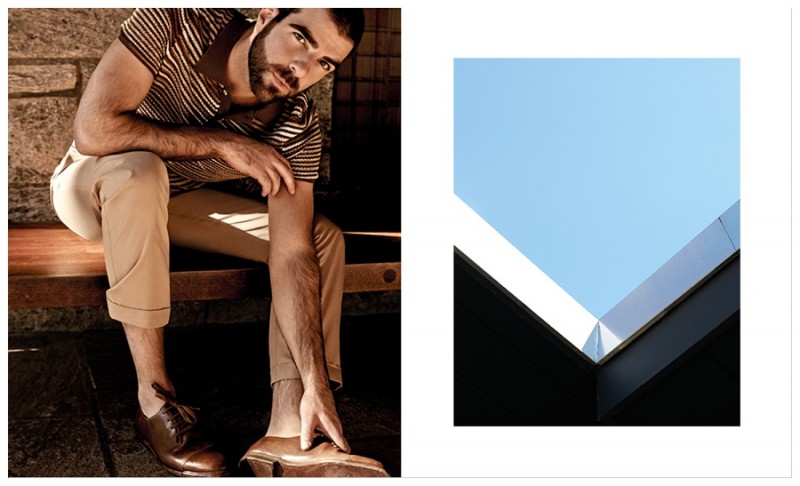 Zachary Quinto wears polo Missoni, trousers Alexandr McQueen and leather shoes Bottega Veneta.
