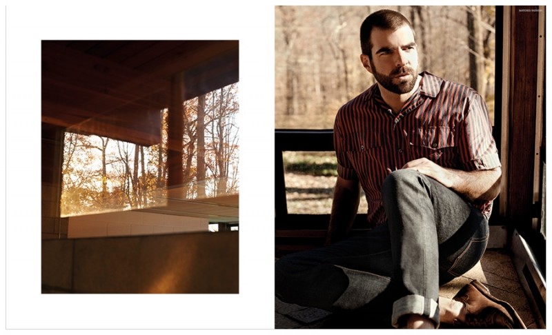 Zachary Quinto wears striped shirt McQ by Alexander McQueen, denim jeans Neuw and leather shoes Bottega Veneta.