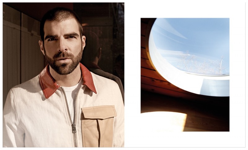 Zachary Quinto wears leather and herringbone jacket J.W. Anderson and t-shirt Simon Miller.