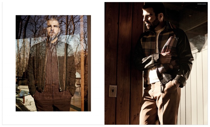Left: Zachary Quinto wears jacket Balenciaga, shirt Marc Jacobs and trousers Burberry Prorsum. Right: Quinto wears leather and wool jacket Cerruti 1881 Paris, t-shirt Simon Miller and trousers Burberry Prorsum.