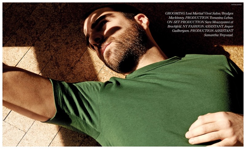 Zachary Quinto wears cotton t-shirt Acne Studios.