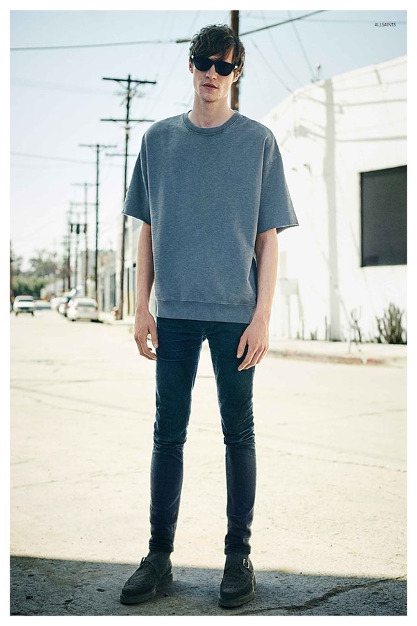 Matthew Hitt sports an oversized AllSaints t-shirt cut sweatshirt.