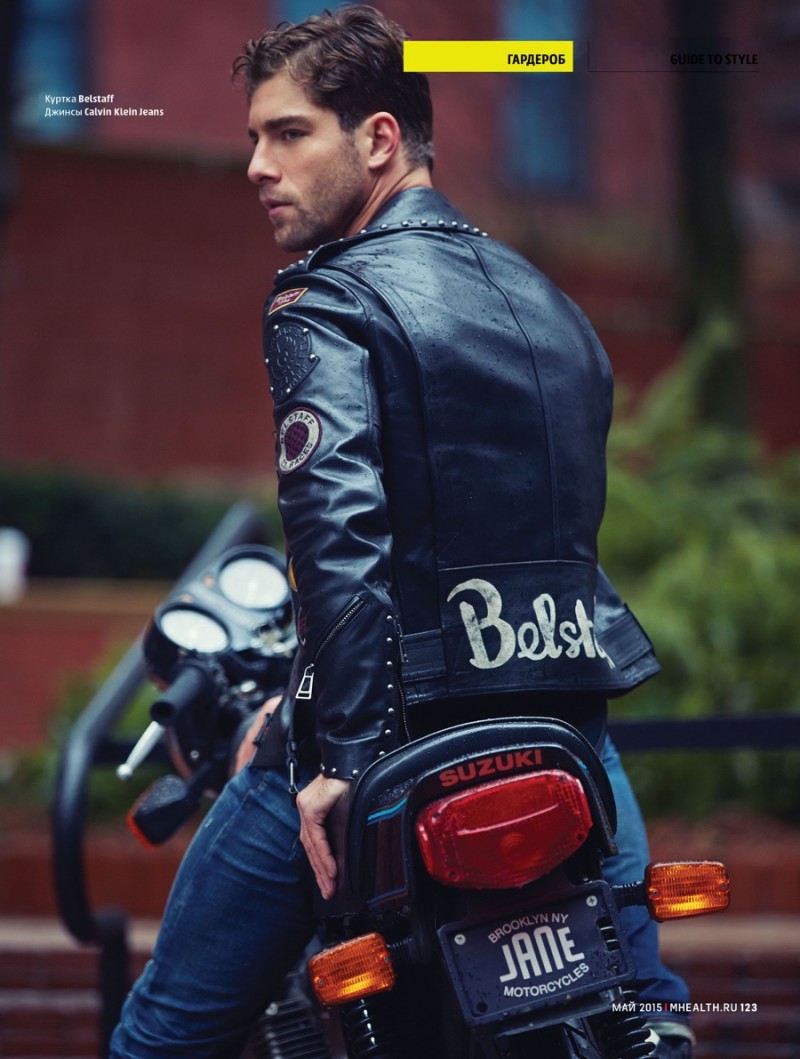 Andre sports moto style with help from Belstaff and Calvin Klein.