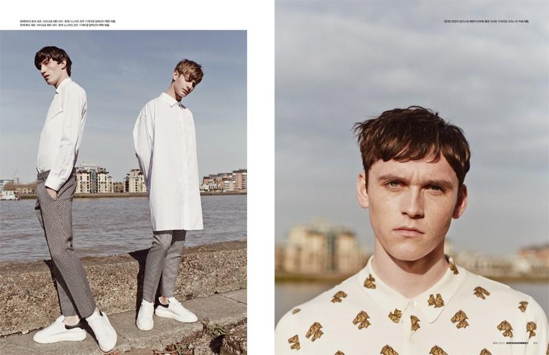 Jester White and Ben Allen deliver white and gray looks based around the oversized shirt (left) while Anders Hayward is captured up-close in a print polo shirt.