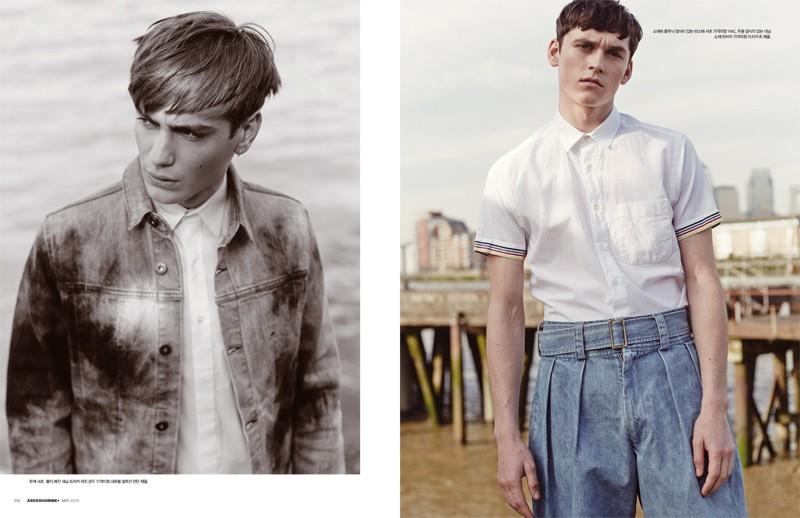 Ben Allen embraces treated denim (left) while Anders Hayward goes retro in high-waist pleated denim jeans.