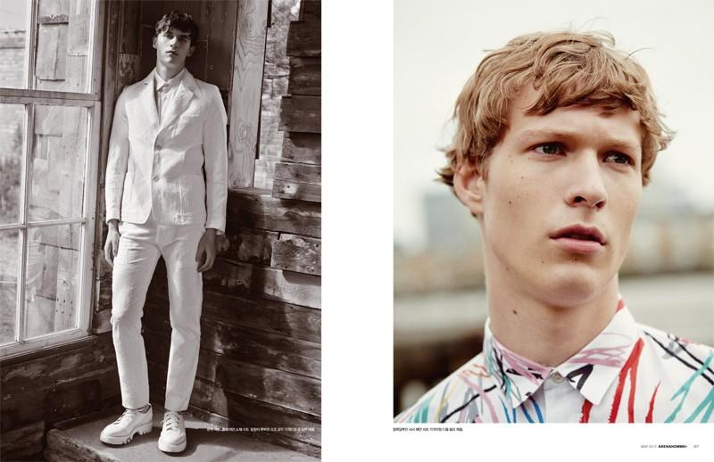 Luka Badnjar is ready for summer in head to toe white (left) while Sven de Vries cozies up to color courtesy of Dior Homme.