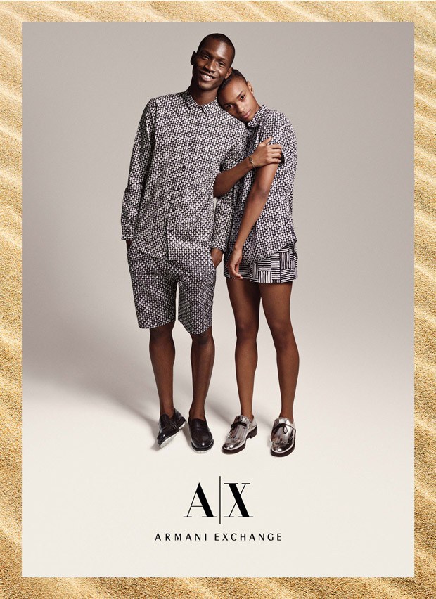 Adonis Bosso gives his 'n' her styles a try for Armani Exchange's summer 2015 campaign.