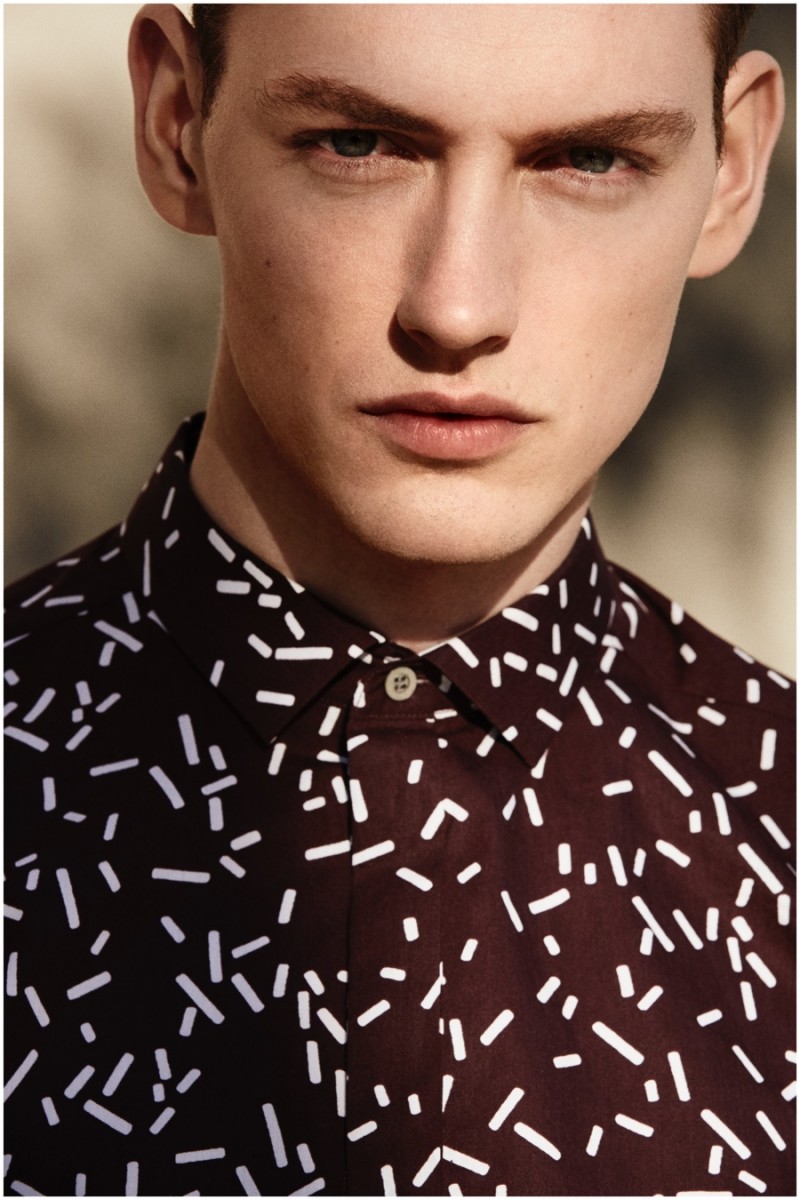 Jakob Hybholt models a printed shirt from the COS x Mr Porter collection.