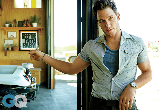 Chris Pratt wears shirt Louis Vuitton, tank T by Alexander Wang, vintage necklace Melet Mercantile, bracelet Vince Camuto and watch Bulova for J.Crew.