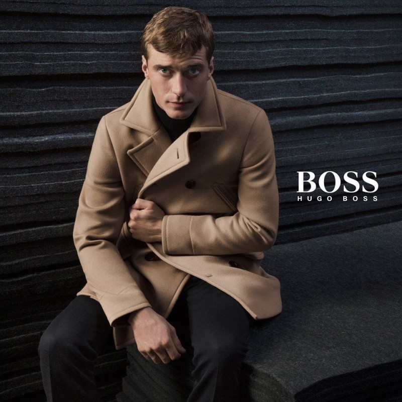 Clément Chabernaud dons camel coat for BOSS by Hugo Boss fall-winter 2015 campaign.