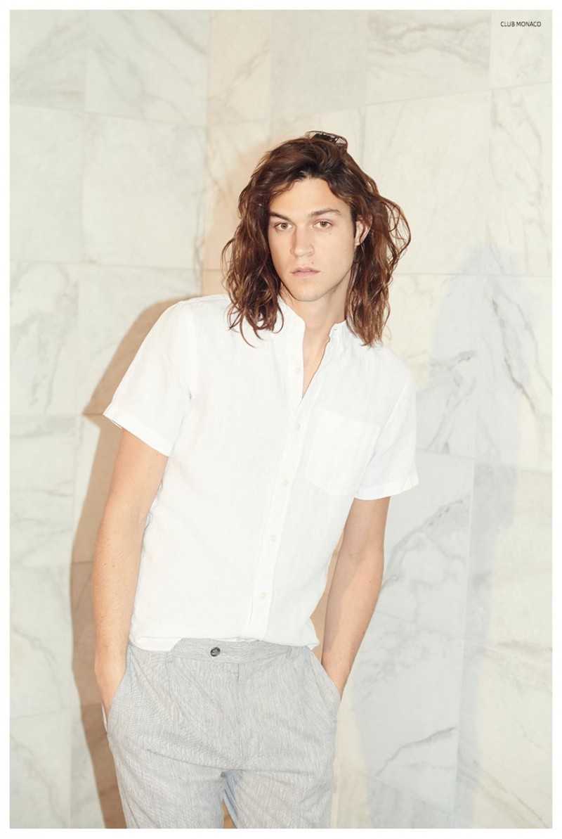 Miles wears Club Monaco white linen short-sleeve shirt
