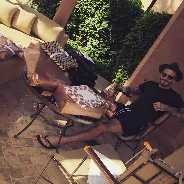 Celebrating his 40th birthday, David Beckham relaxes on his Marrakech vacation.