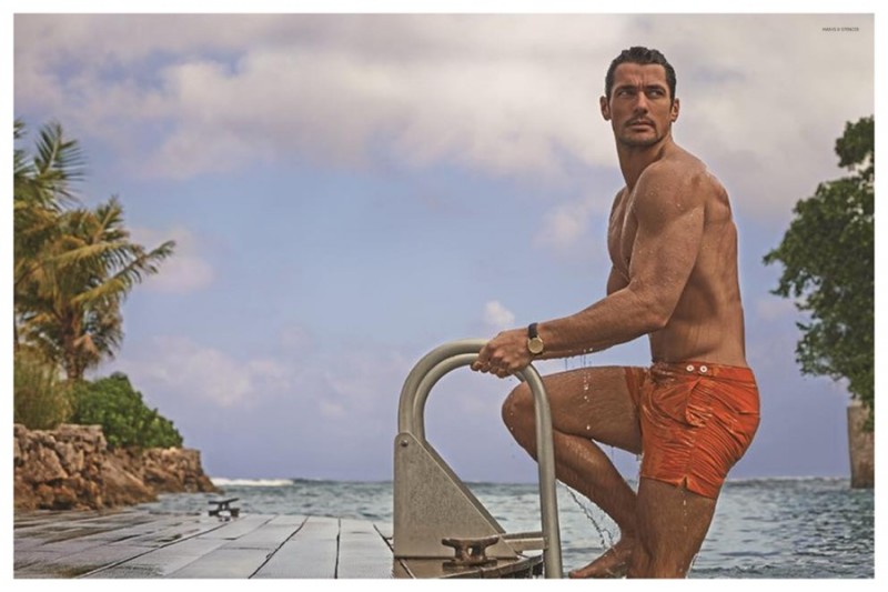 David Gandy embraces a pop of color in retro-cut swimwear.