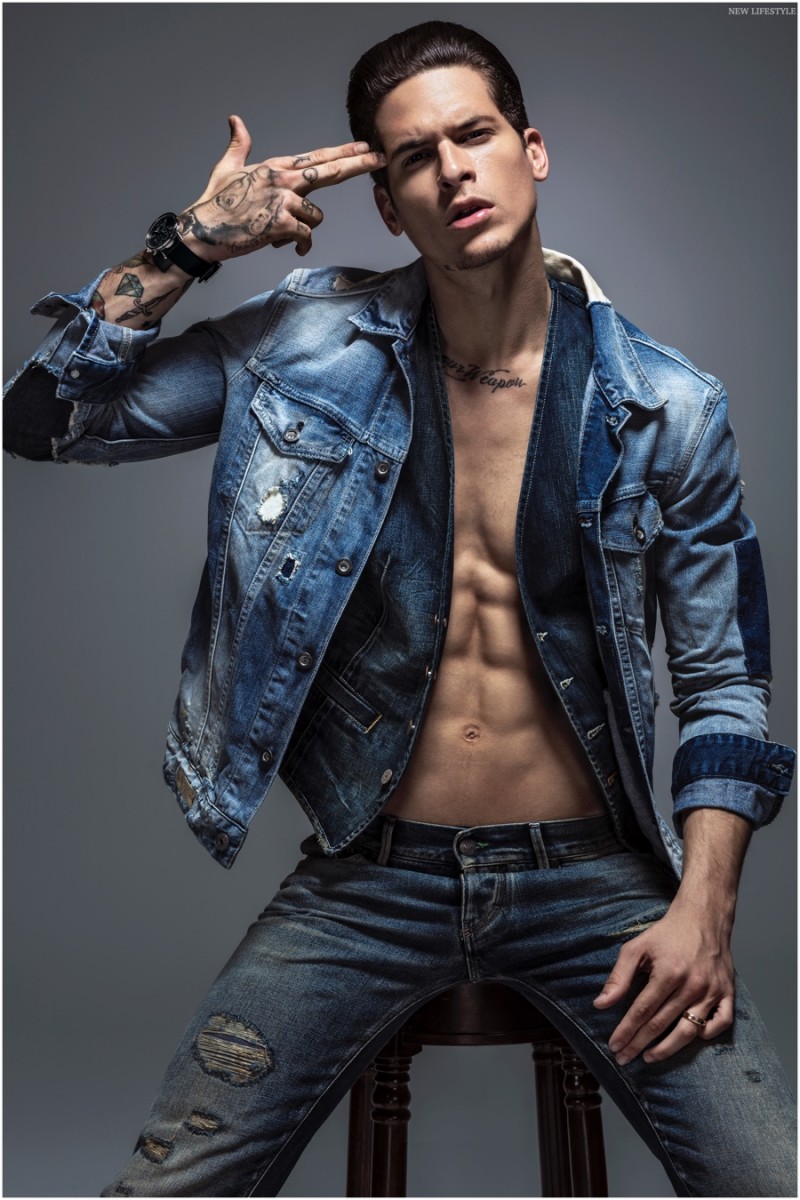 Diego layers up in denim for a classic fashionable look.