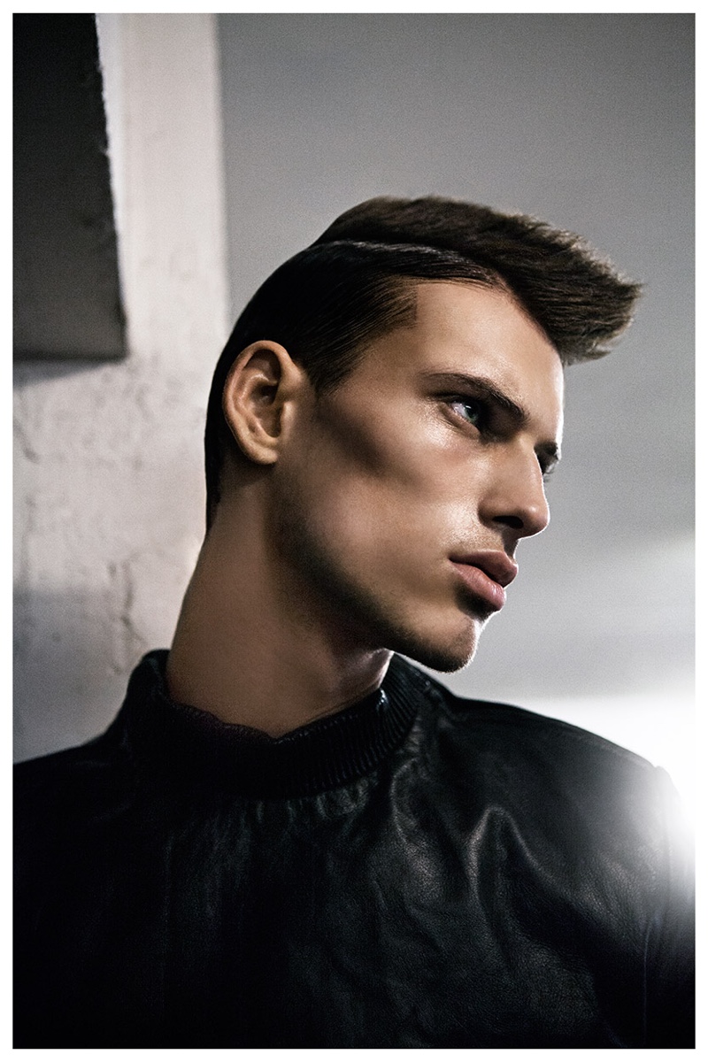 Model David Trulik sports a modern men’s hairstyle as he stars in Domingo Rodriguez’s fall-winter 2015 leather imagery.