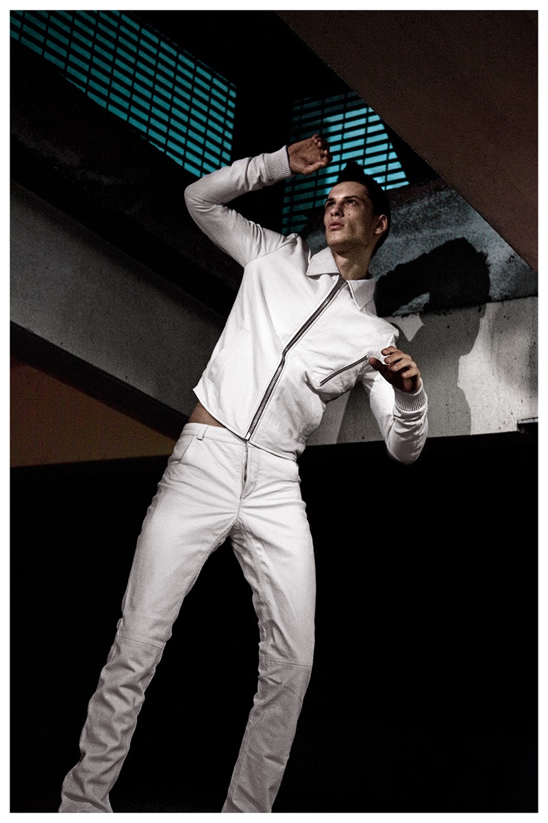 Loui rocks white leather from Domingo Rodriguez’s fall-winter 2015 collection.