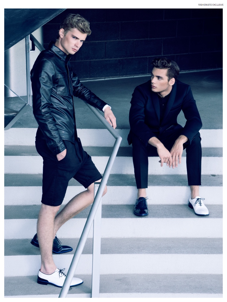 Left to Right: Frederik wears leather button-down Nudie Jeans, shorts Avant Toi, dress shirt Dior Homme and shoes Carlo Pazolini. Sam wears shirt Kill City, suits Flos Floris and shoes Carlo Pazolini.