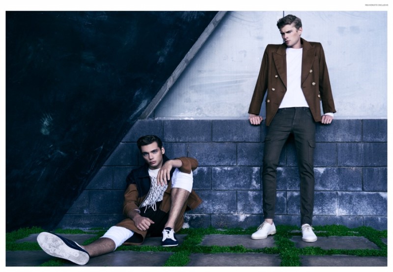 Left to Right: Sam wears tee Nudie Jeans, shoes Carlo Pazolini, jacket, shorts, thermal top and pants James Phlemuns. Frederik wears vintage blazer Yves Saint Laurent, thermal top James Phlemuns, cargo denim Jacob Davis and shoes Carlo Pazolini.