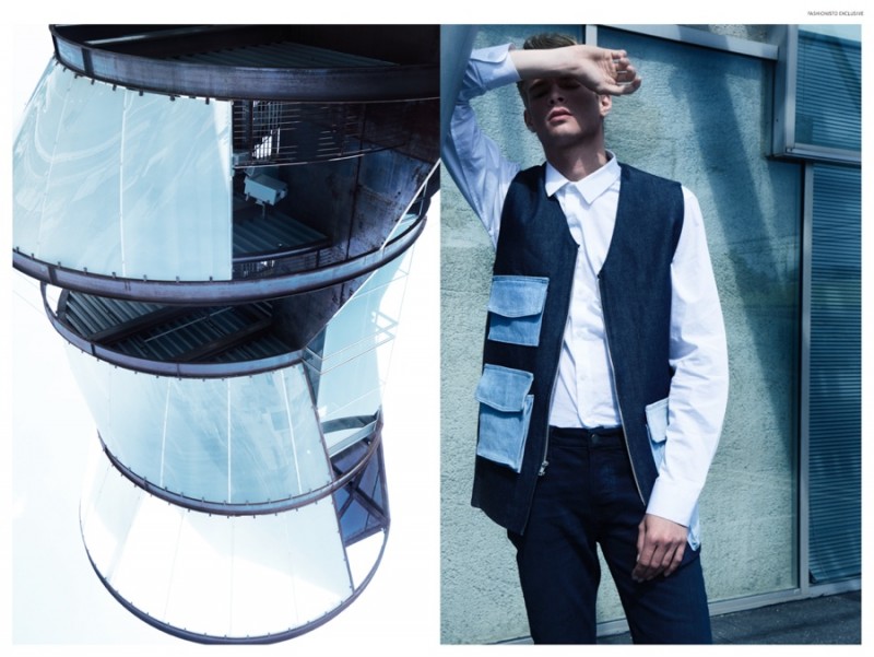 Frederik wears dress shirt Tom Ford, denim Nudie Jeans and pocket vest James Phlemuns.