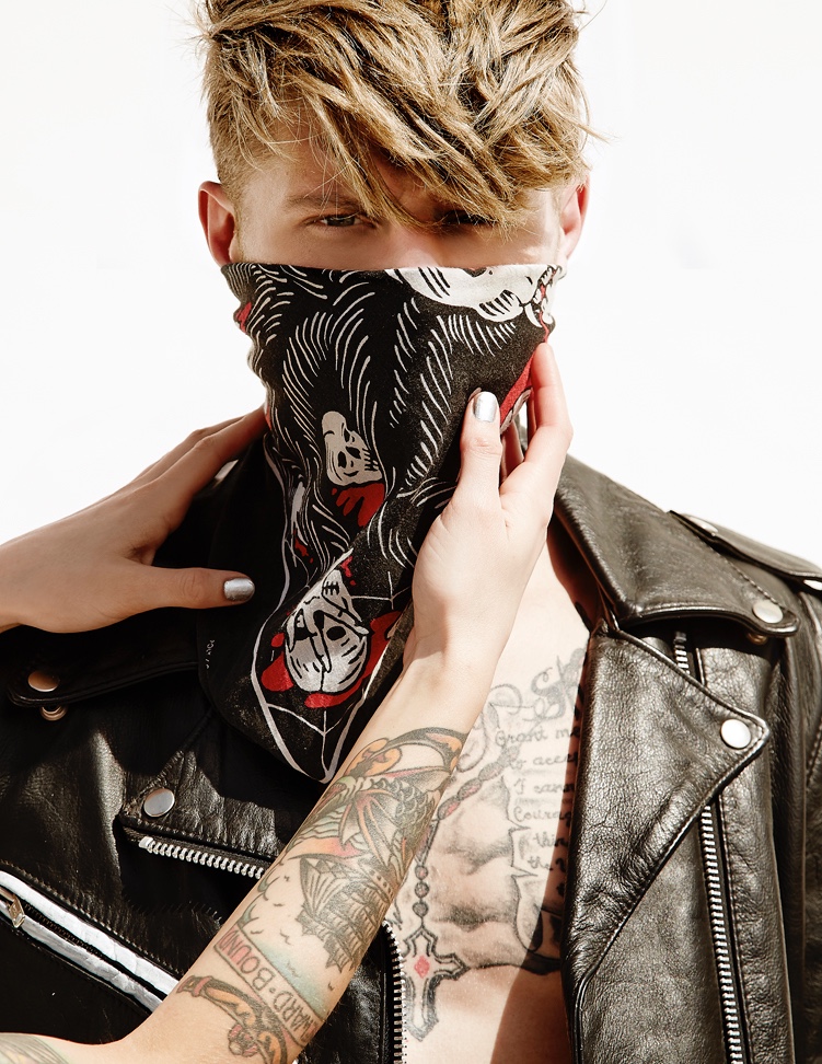 Cody wears hand-painted leather biker jacket and vintage bandana stylist's own.