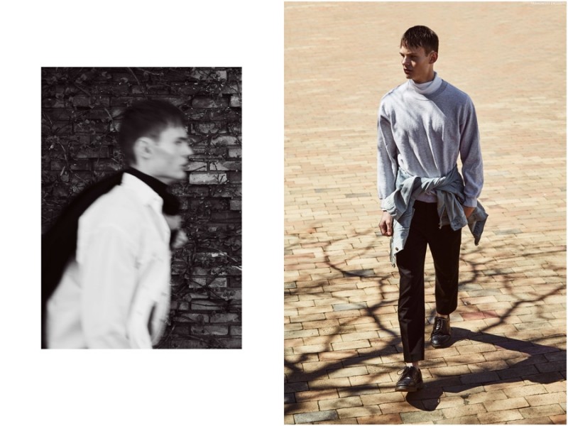 Left: Frederik wears pants Libertine Libertine, turtleneck SAND, shirt Levi's and coat COS. Right: Frederik wears vintage jumper stylist's own, jacket Levi's, turtleneck NON-SENS and shoes Dr Martens.