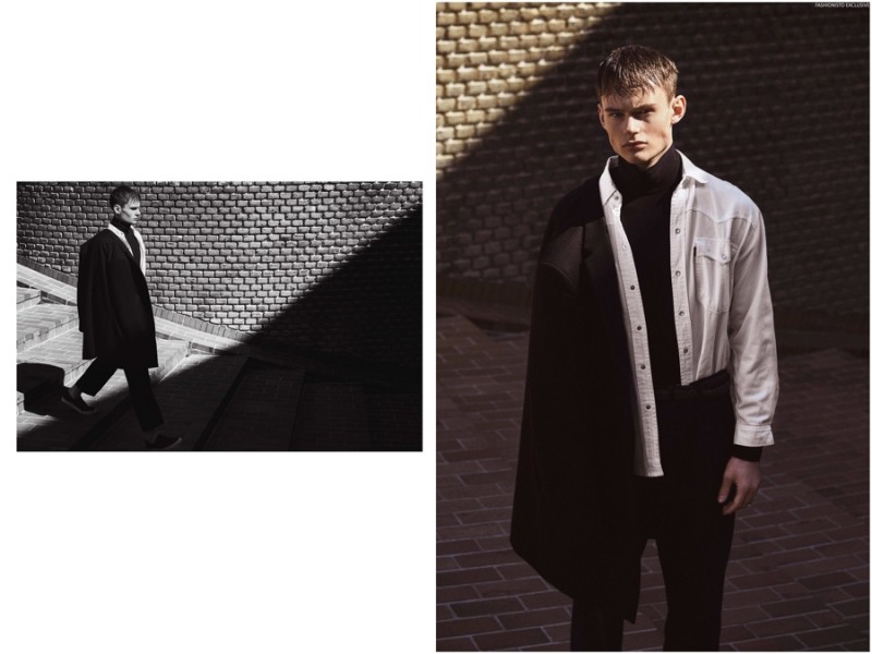 Right: Frederik wears pants Libertine Libertine, turtleneck SAND, shirt Levi's and coat COS.