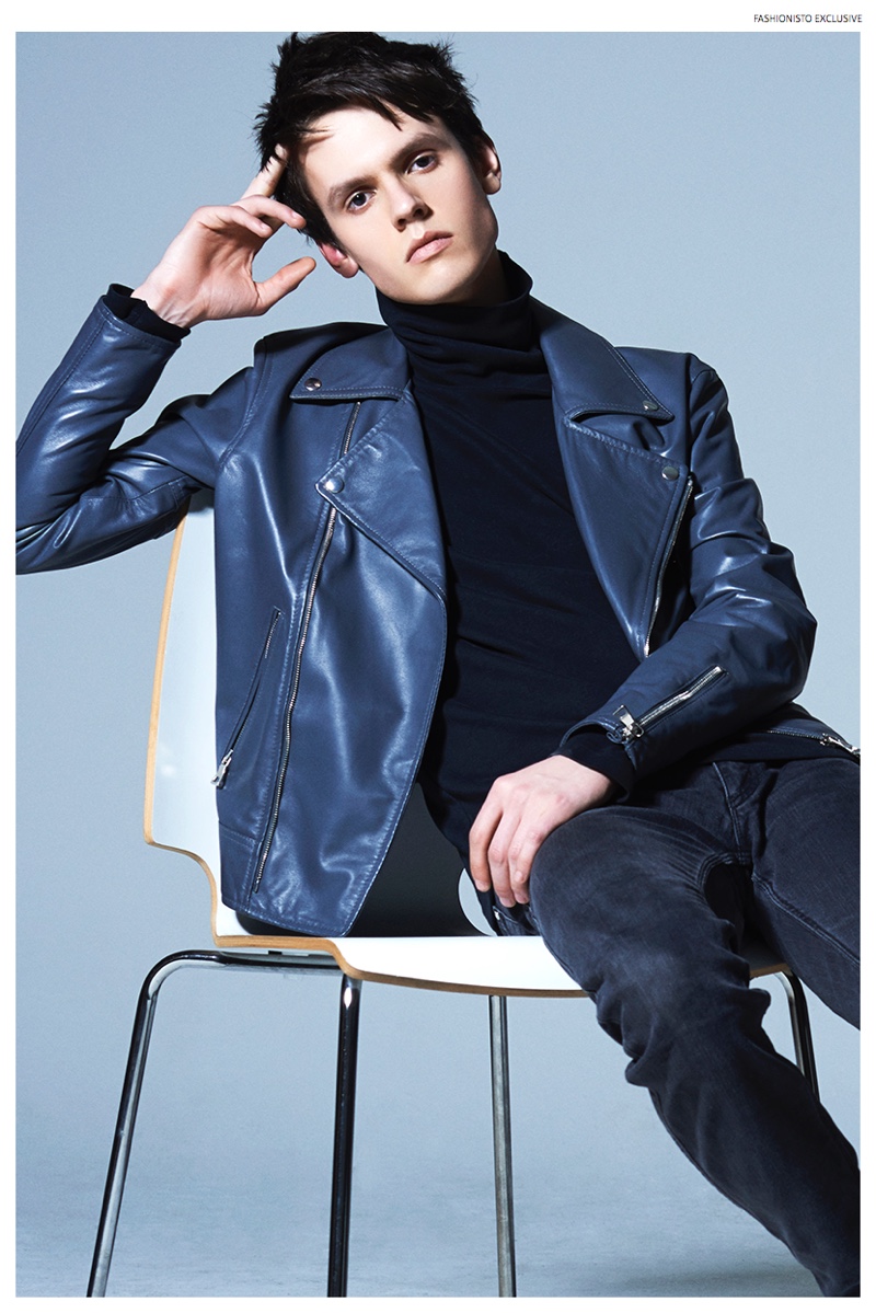 Henry wears leather jacket Choonghyun Lee, turtleneck UNIQLO and trousers Acne Studios.