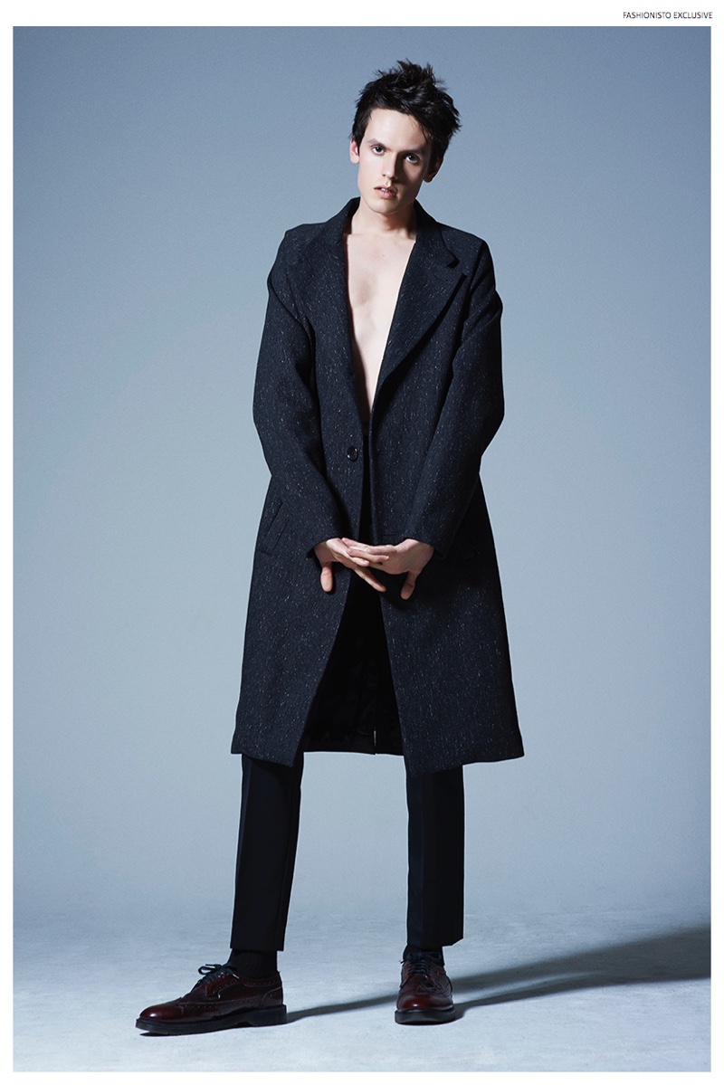 Henry wears shoes Topman, coat and trousers Choonghyun Lee.