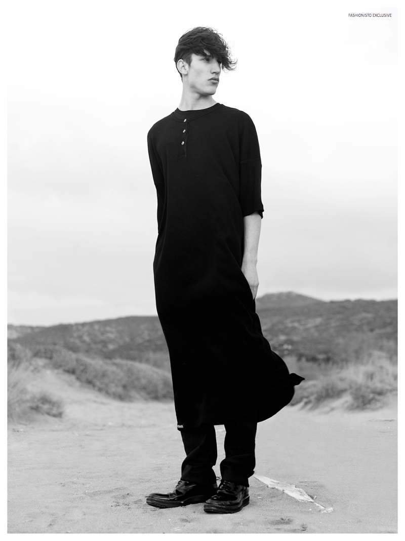 Iasonas wears long tunic Orsalia Parthenis, trousers Maison Martin Margiela and shoes Alberto Guardiani.