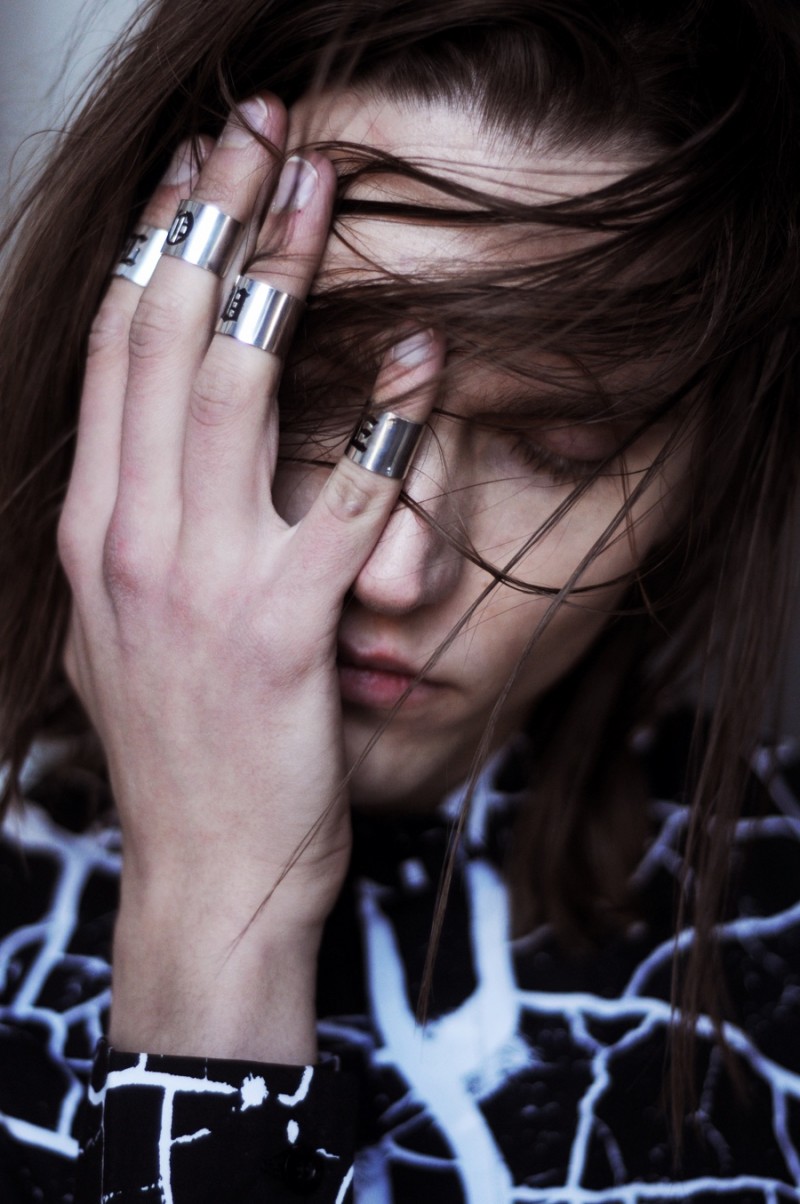 Alexey rocks a graphic black and white print top from Skingraft.