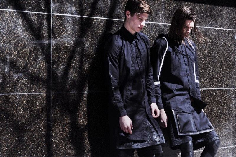 Heading outdoors, Jordan and Alexey showcase Skingraft's long, modern proportions.