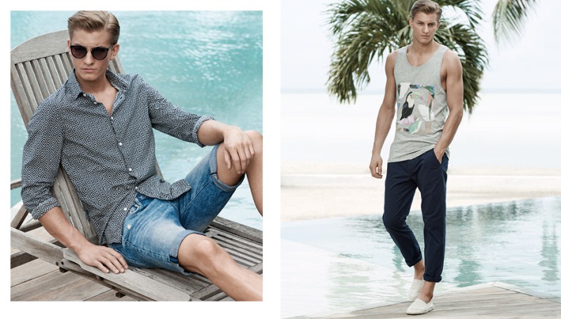 Benjamin relaxes poolside in casual essentials.