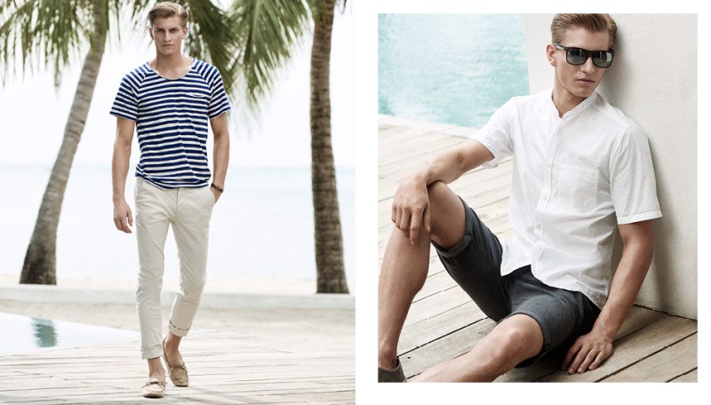 Benjamin goes nautical in a relaxed striped tee (pictured left).