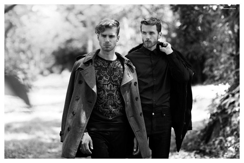 Left to Right: Igor wears coat Burberry, sweater Zara and pants AllSaints. Rune wears shirt Topman, pants Zara and coat H&M.