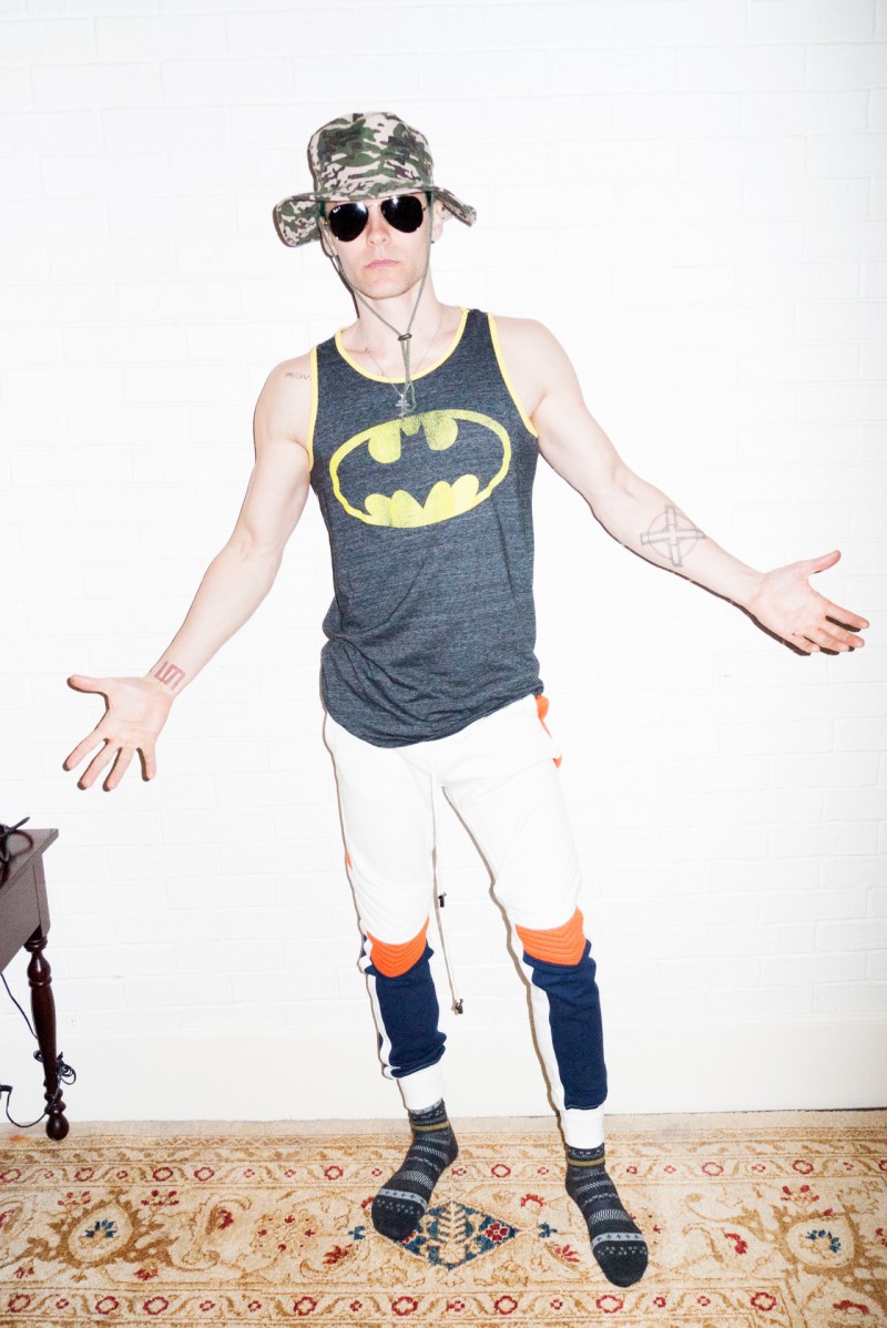 Jared Leto rocks his Batman logo tank.