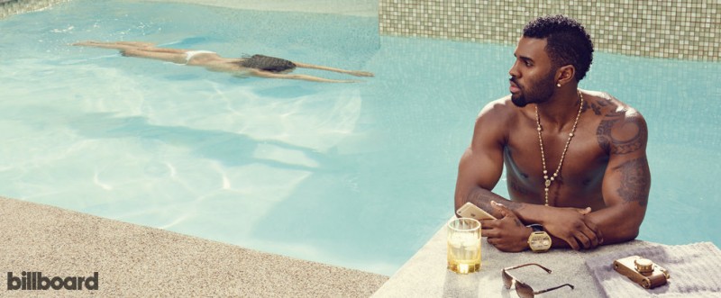 Posing shirtless, Jason Derulo relaxes in the pool for a Billboard photo shoot.